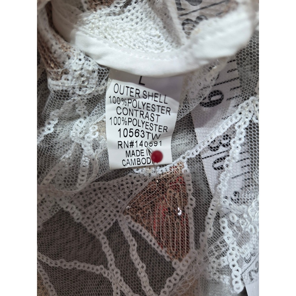Coby CQ Womens White Gold Sequin Geometric Mesh Button Down Shirt NWT Large - Picture 4 of 6